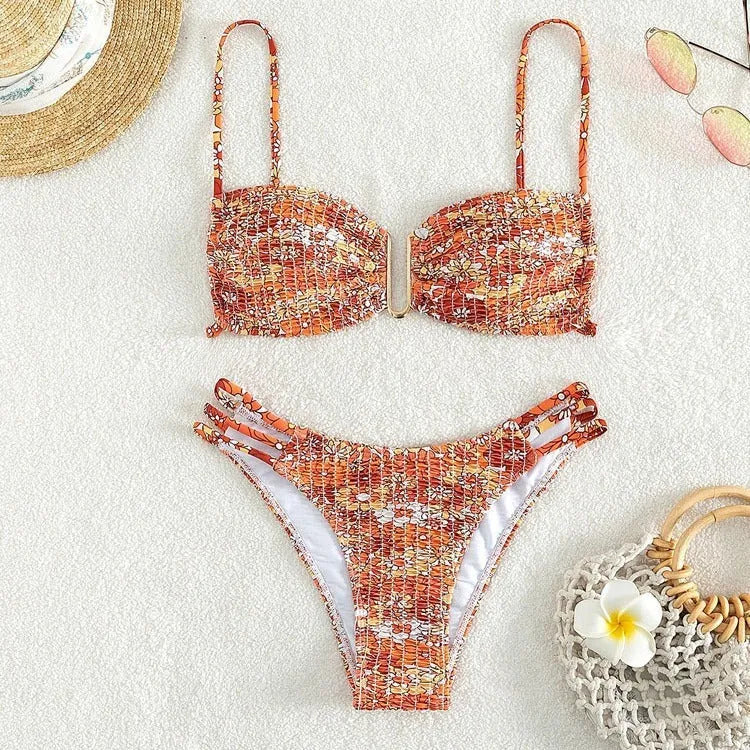 Women's floral bikini swimsuit with high-waist briefs in blue, orange, pink and rose red colour options