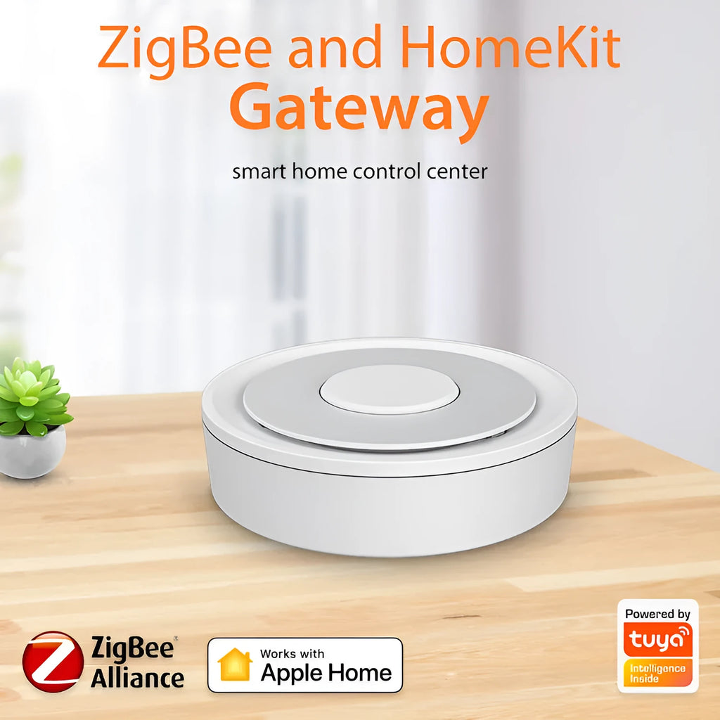White square ZigBee smart home gateway measuring 78mm with USB power port