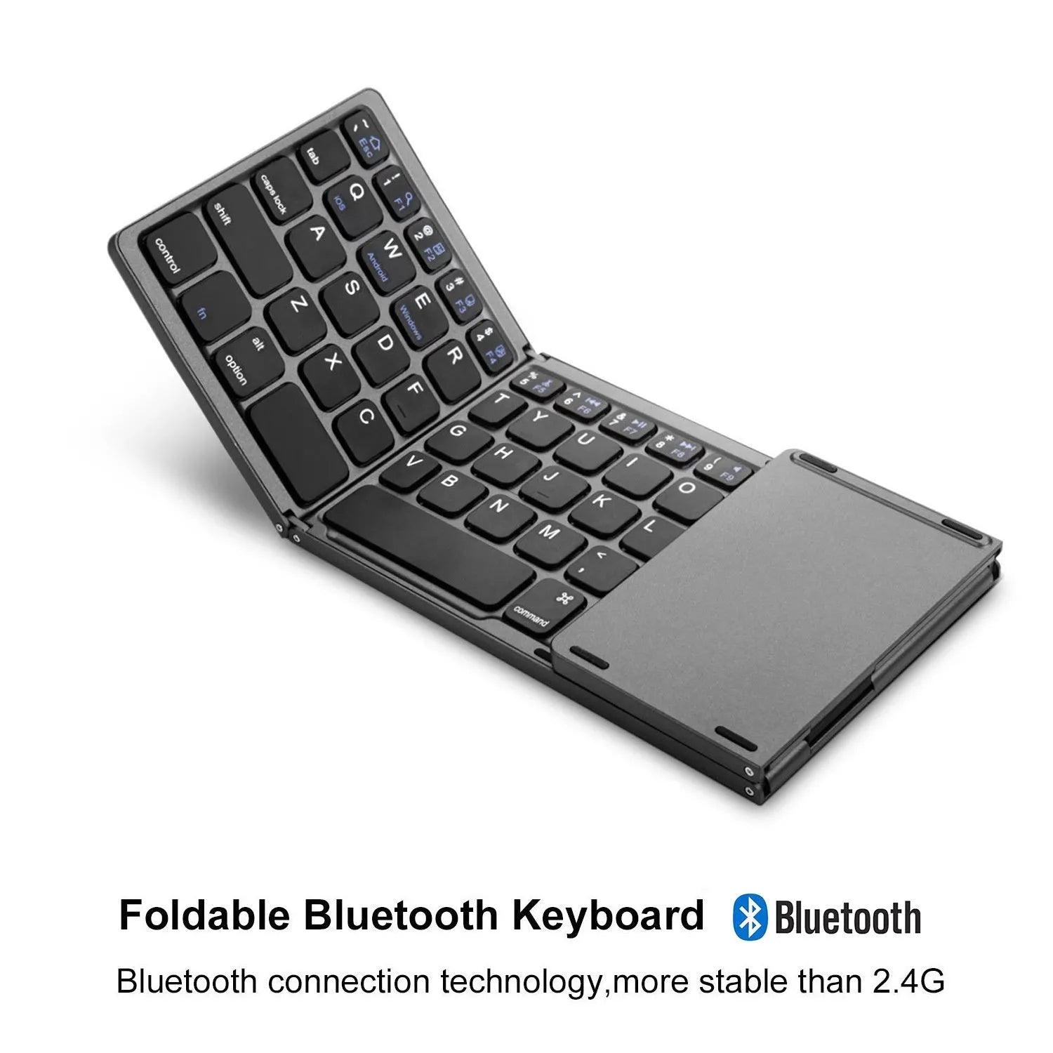 Mini tri-fold Bluetooth keyboard in black showing unfolded typing surface and thin profile