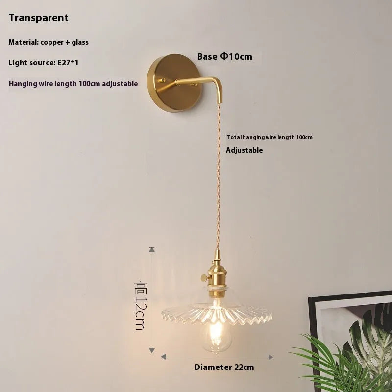 Copper retro wall lamp with transparent glass lotus shade, 22cm diameter