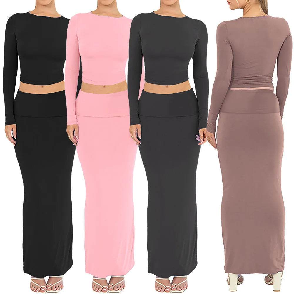 Women's polyester two-piece suit in slim fit with long skirt and three-quarter sleeves