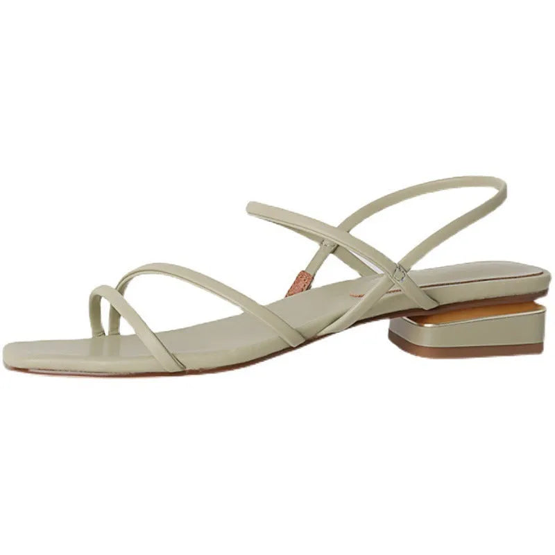 Women's flat strap Roman sandals with square toe in microfiber, shown in beige colour.