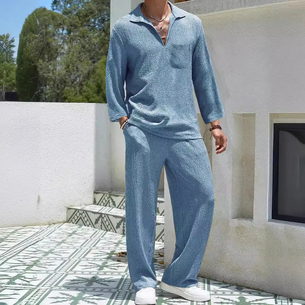 Men's casual polyester shirt trousers set in four colour options with young casual styling