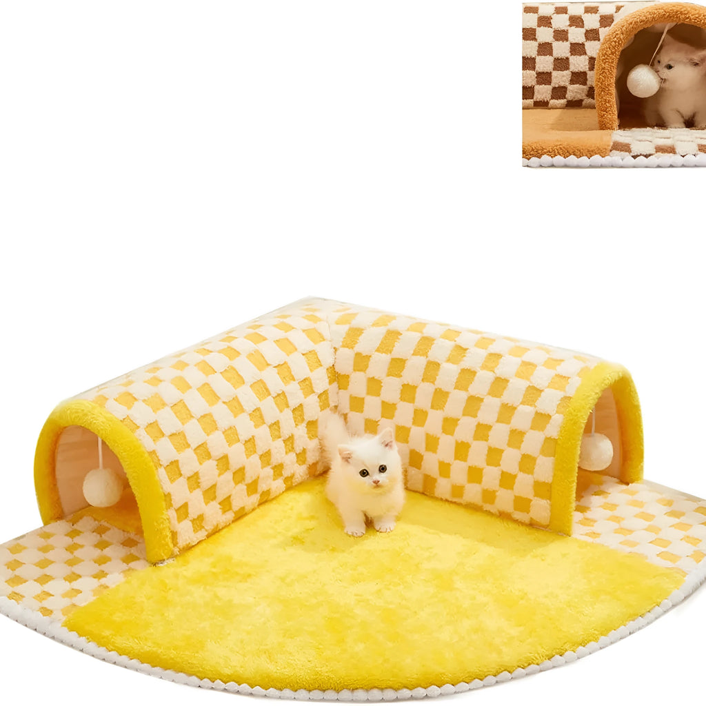 Brown plush plaid cat tunnel bed with central mat, showing collapsible tube and non-slip bottom