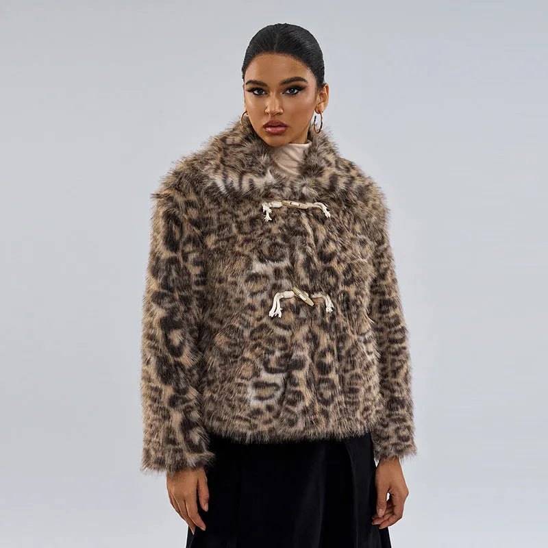 Women's leopard print buckle lapel street fashion coat with regular sleeves