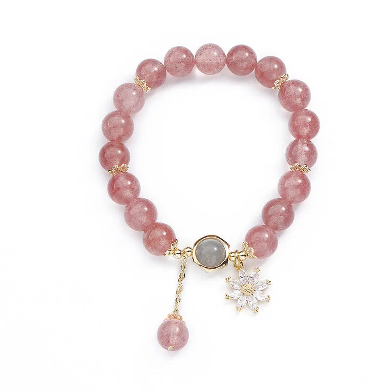 Strawberry quartz crystal bracelet with electroplated flower pendant in Mori style design