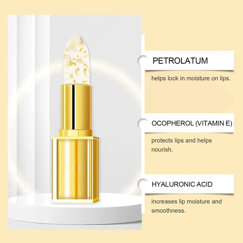 Gold foil discoloration nourishing lipstick in 2.6cm square case containing 3.5g moisturising formula