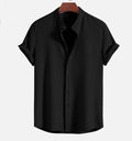 Men's loose short sleeve summer shirt in multiple colours on a hanger.