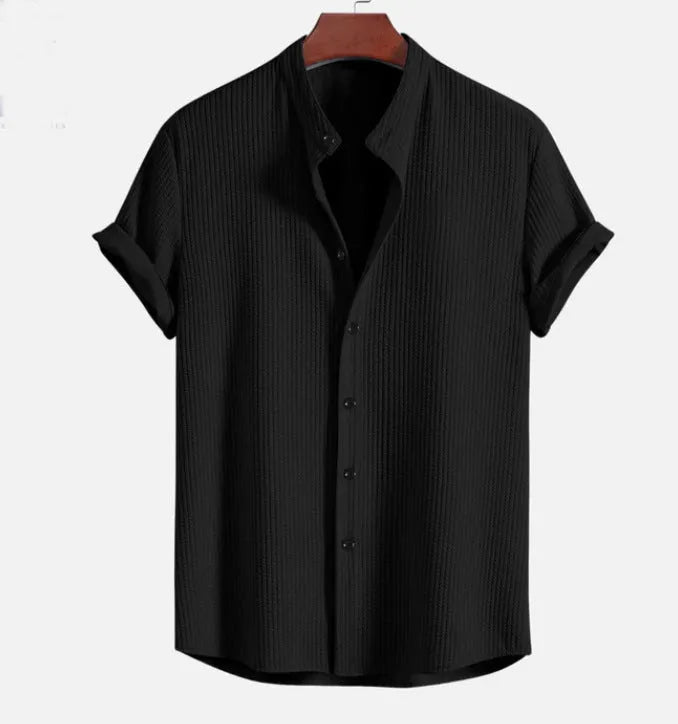 Men's loose short sleeve summer shirt in multiple colours on a hanger.