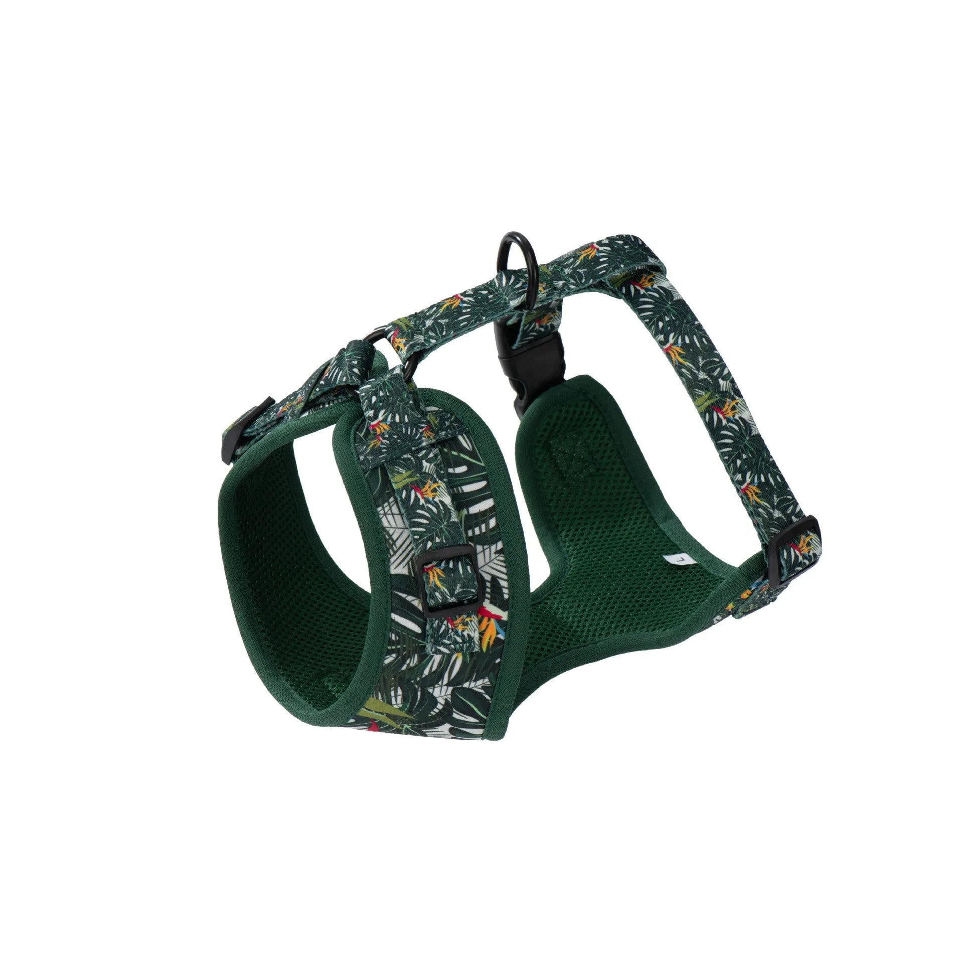 Six-piece adjustable dog harness set showing vest harness, lead, collar, poop bag holder, bow tie, and bandana in coordinating colours