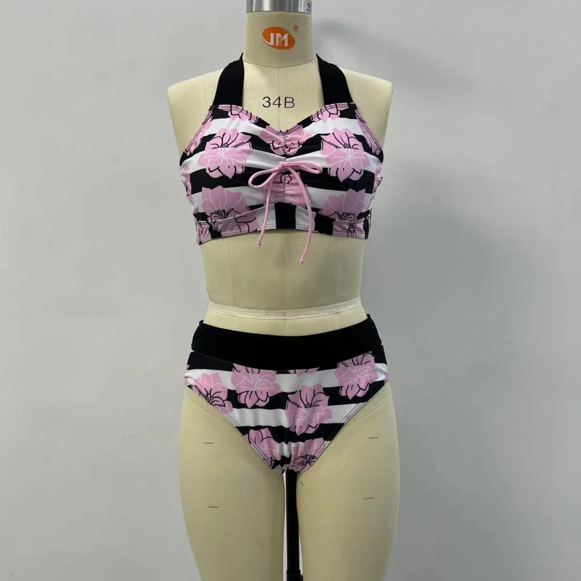 Black printed women's two-piece bikini with tummy control and split design