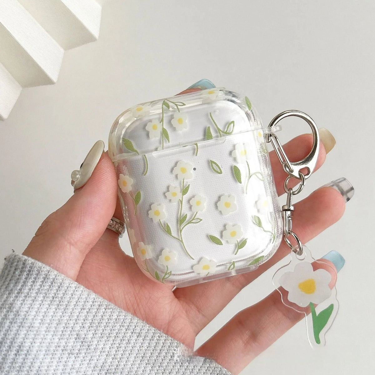 White floral pattern TPU protective cover for Apple AirPods charging case showing high transparency