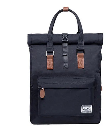 Casual polyester backpack with cover opening showing internal computer pocket and zipper pocket organisation