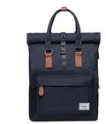 Casual polyester backpack with cover opening showing internal computer pocket and zipper pocket organisation