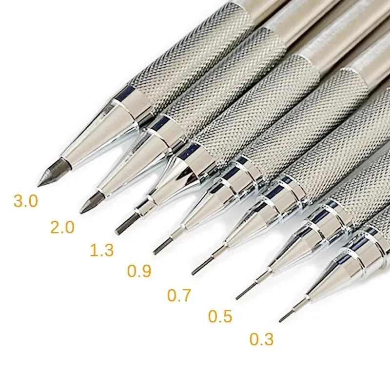 Metal automatic mechanical pencil shown with various lead size options including 0.5mm, 0.7mm, and 2.0mm.