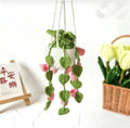 Green and white knitted car plant ornament with basin base and hanging rope