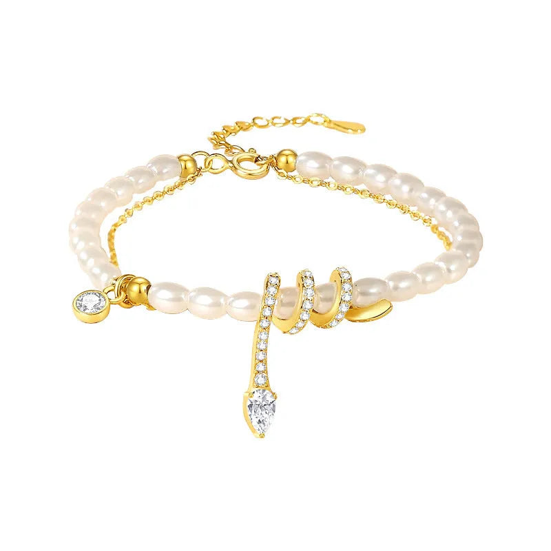Sterling silver snake beaded bracelet with electroplated gold or white gold finish, zodiac animal design.