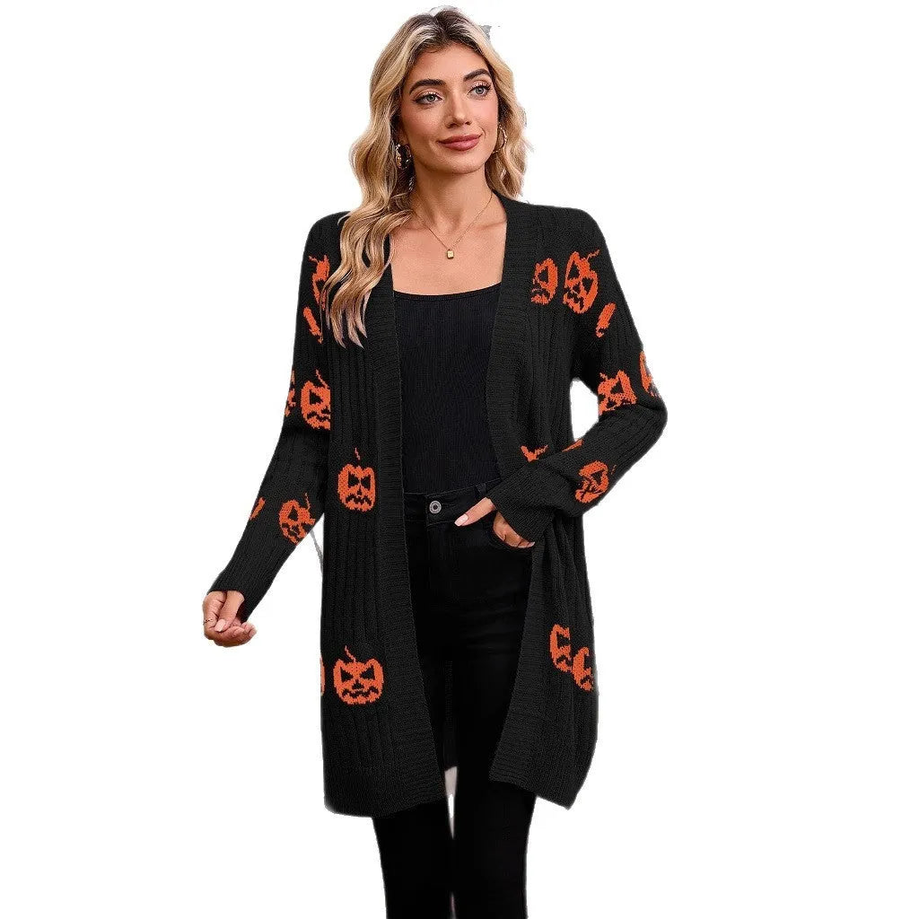 Women's black orange purple pumpkin head pattern jacquard knitted cardigan sweater