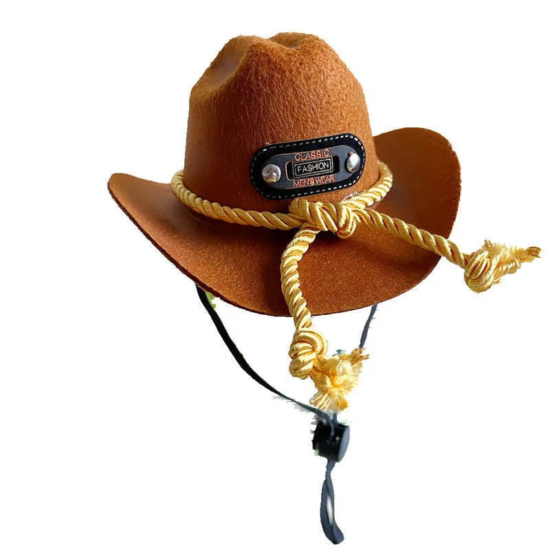 British-style brown cowboy hat for a cat on a mannequin head.