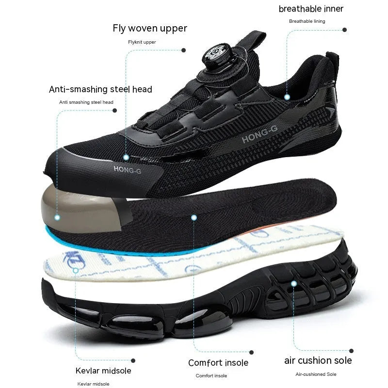 Lightweight black anti-smash work shoes with a steel toe cap and breathable Flyweave upper on a worksite.
