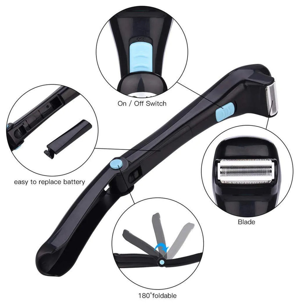 Black folding body electric shaver with battery compartment open