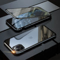 Glass anti-spy clamshell phone case for iPhone in black, blue, gold, green, red, or silver.
