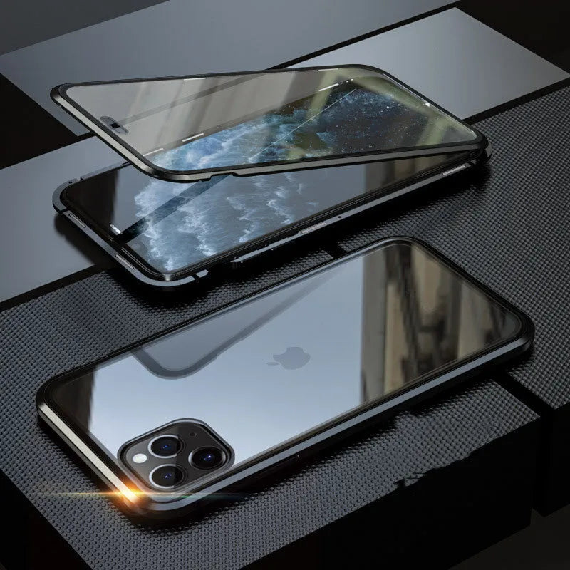 Glass anti-spy clamshell phone case for iPhone in black, blue, gold, green, red, or silver.