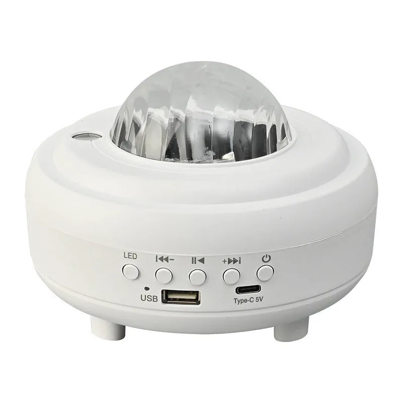 White Galaxy Star Projector night light projecting blue star patterns on ceiling