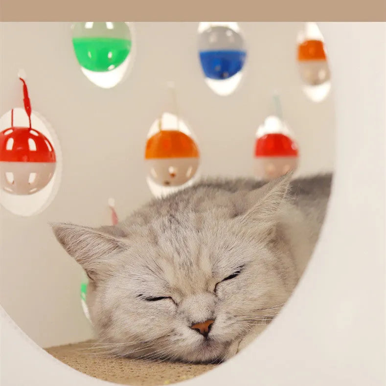 House-shaped cat scratch board with integrated bell ball tunnel and pet bed combination