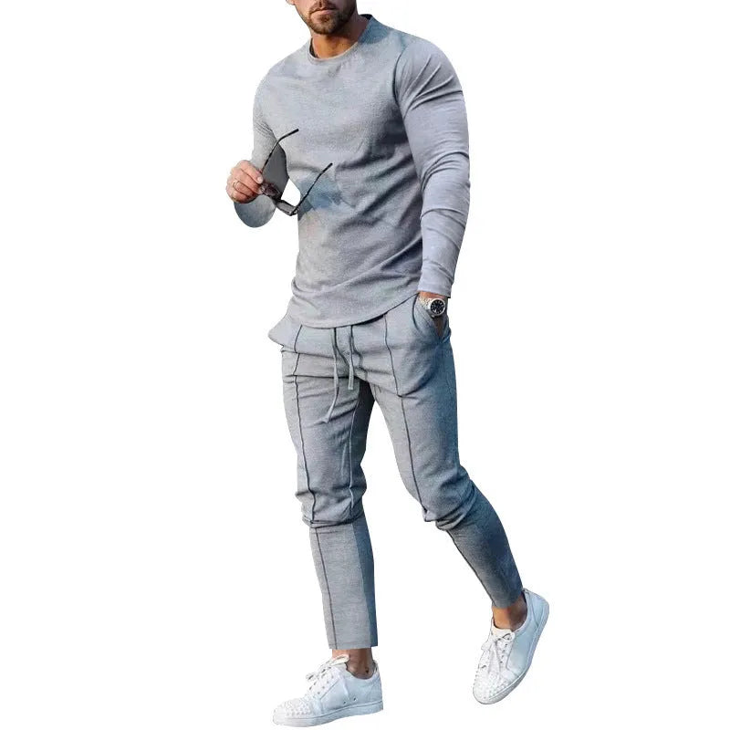 Men's light grey two-piece casual suit with round neck long sleeve T-shirt and trousers