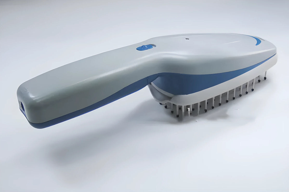Pet comb with negative ion technology showing removable brush head and 78 comb teeth for grooming with active oxygen release