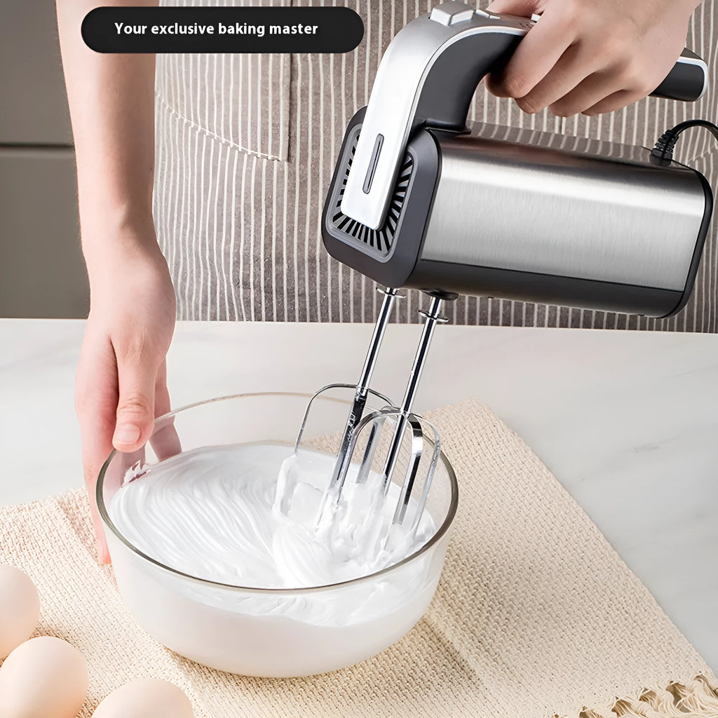 Silver handheld electric mini whisk with stainless steel beaters and 5-speed settings.