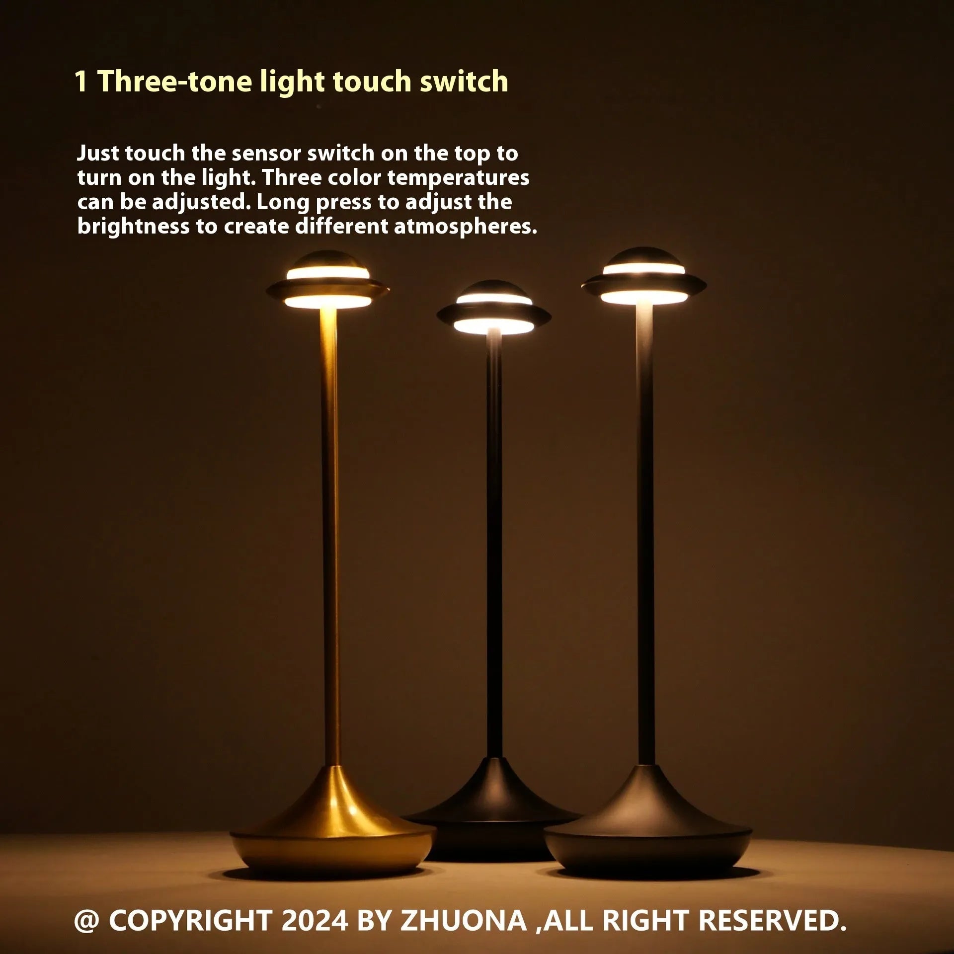 Metallic UFO-shaped table lamp in black finish with a touch-sensitive base for dimming.