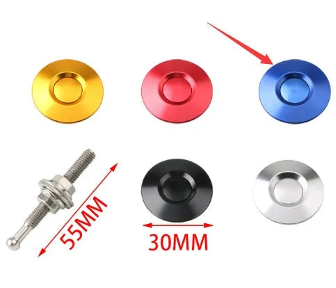 30mm diameter aluminium alloy engine cover lock with screw, shown in assorted colours.
