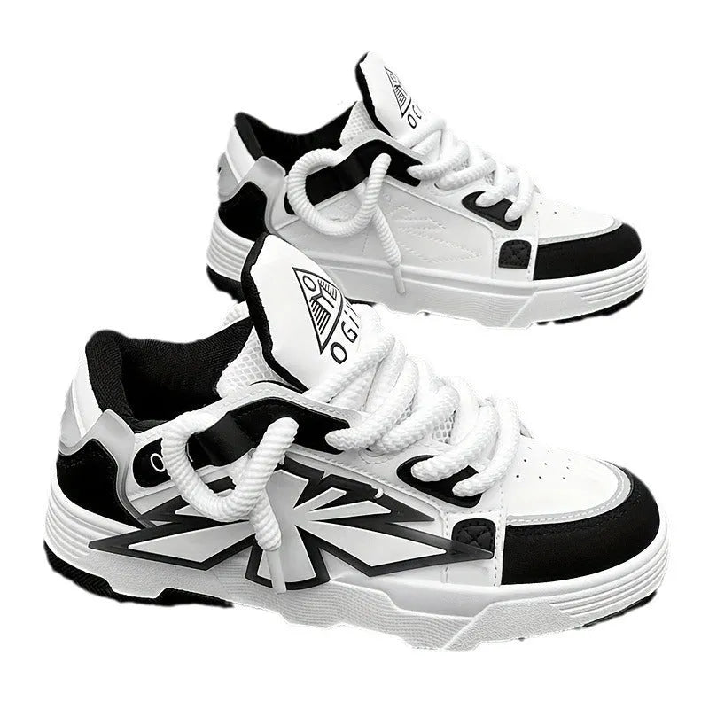 Men's white chunky sneakers with cartoon pattern, thick rubber sole, and synthetic leather upper