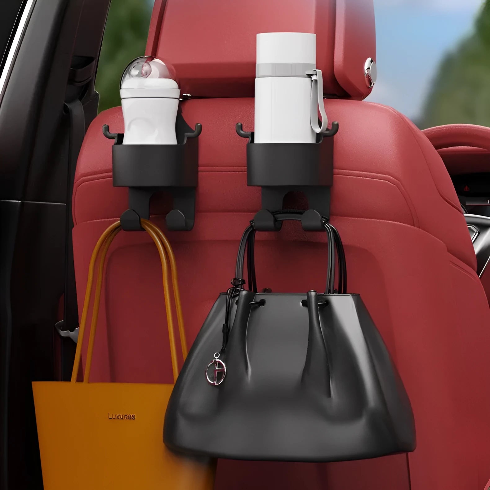 Black plastic car seat back hook organiser with built-in cup holder