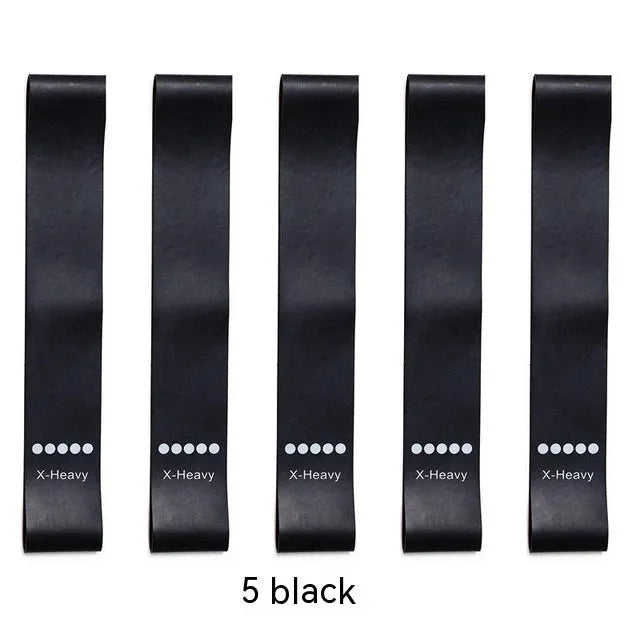 Set of five yoga tension straps in various colours including green, blue, yellow, red, and black options