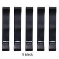 Set of five yoga tension straps in various colours including green, blue, yellow, red, and black options