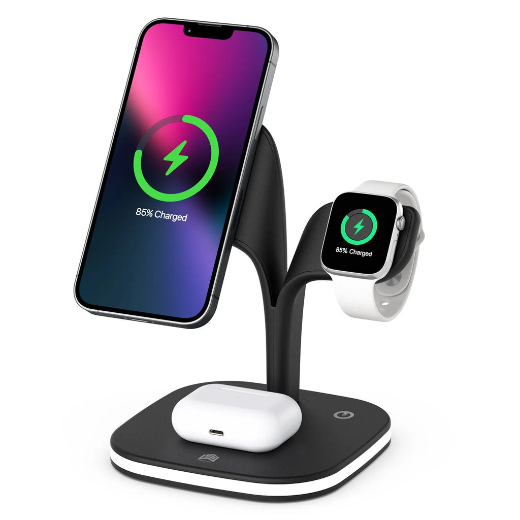 Black 3-in-1 wireless charging stand with phone, Apple Watch, and headphones placed on it.