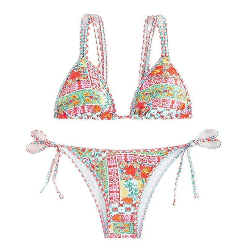 Women's lace-up split front swimsuit bikini set with backless design