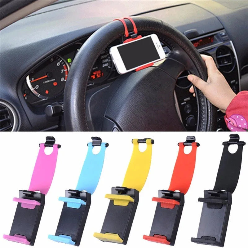 Black universal steering wheel phone mount clip holder for smartphones