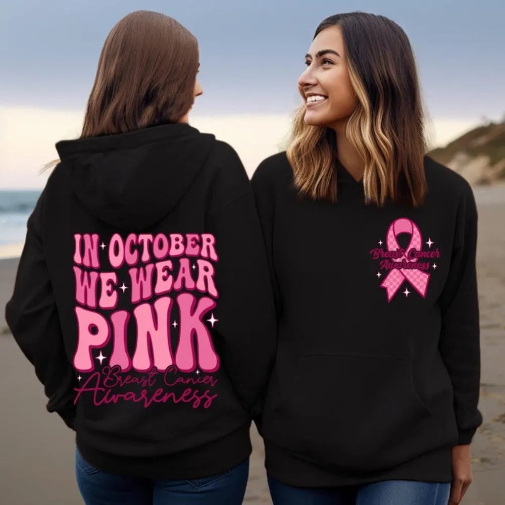Pink Breast Cancer Awareness hooded sweatshirt with art retro pattern, side pocket, and hot stamping detail.