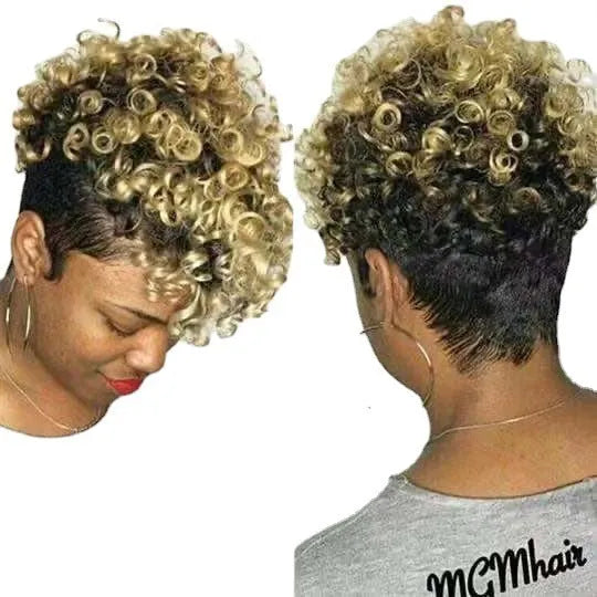 Short black synthetic wig with simple rolls in an exotic style on a model