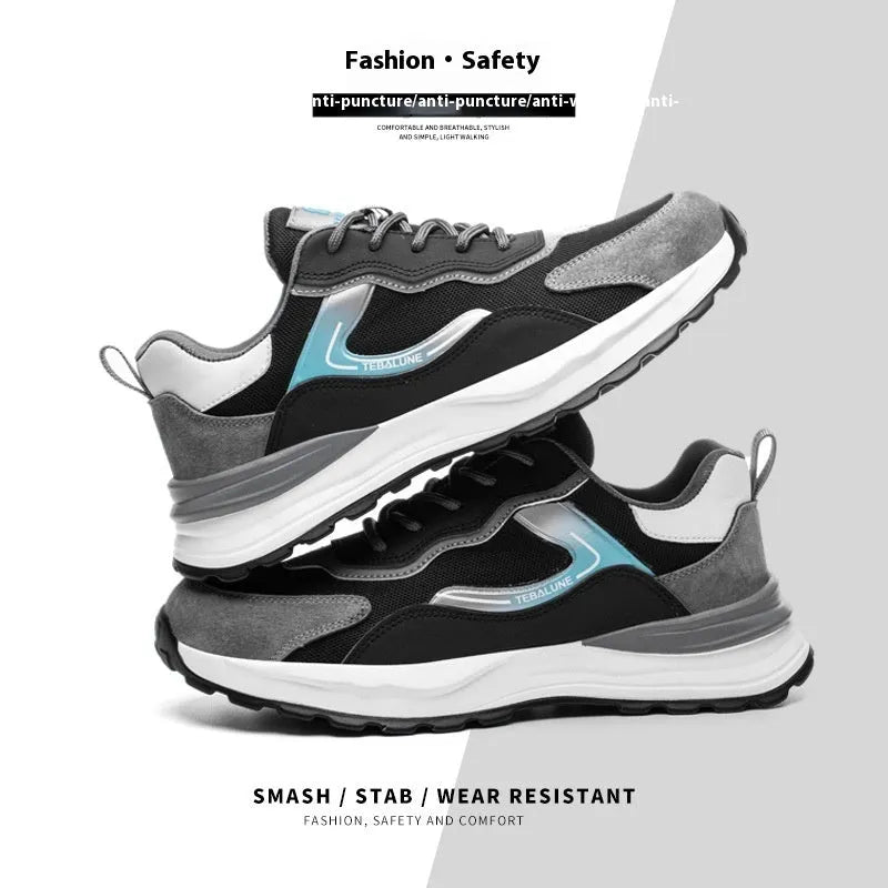 Men's low-top grey work shoes with shoelaces, featuring a plastic steel toe and a mesh and leather upper.
