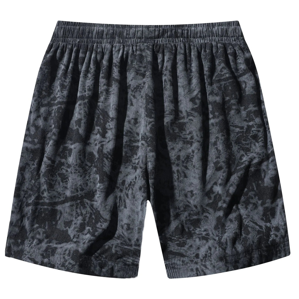 Men's camouflage pattern athletic shorts in corduroy fabric with straight leg cut and high waist