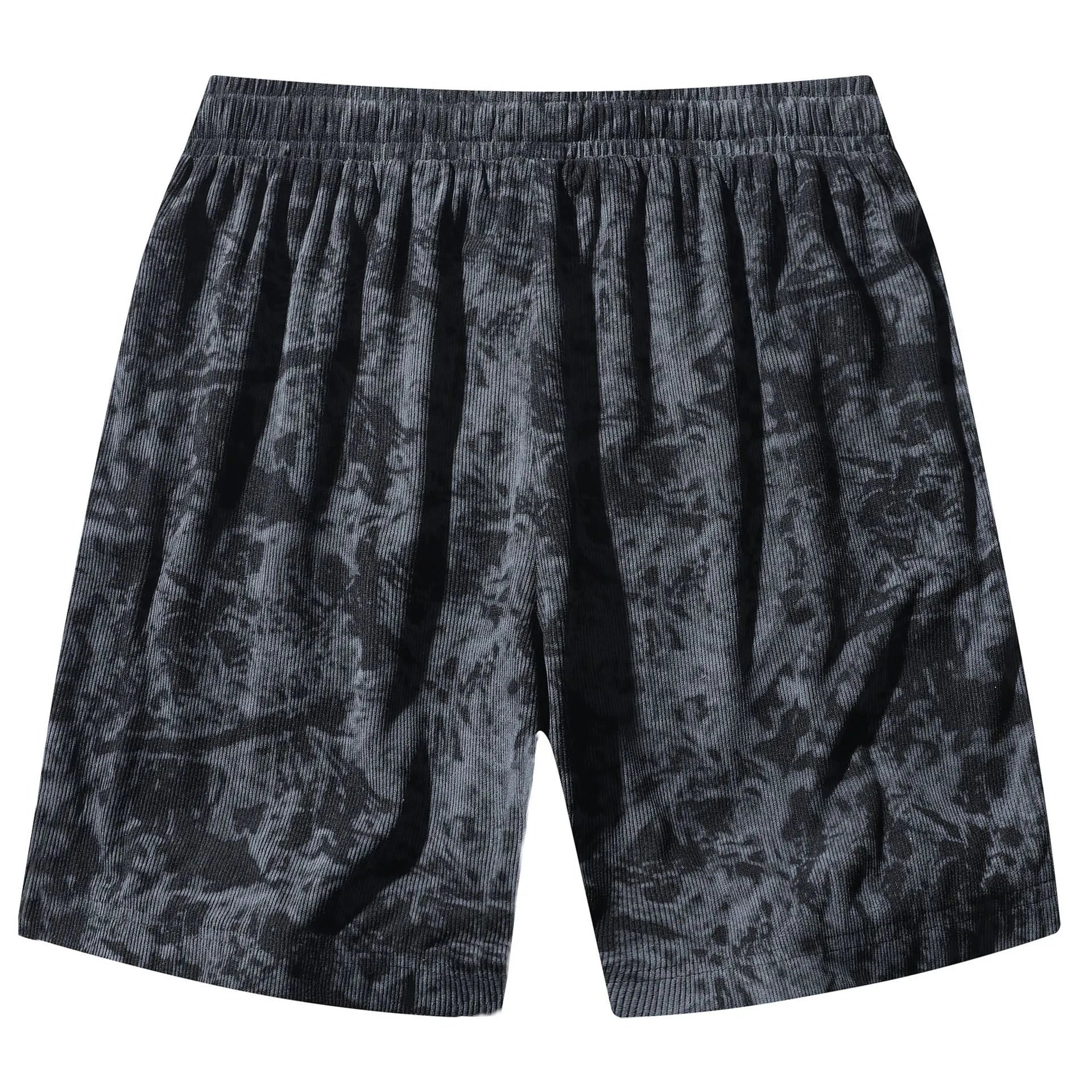 Men's camouflage pattern athletic shorts in corduroy fabric with straight leg cut and high waist