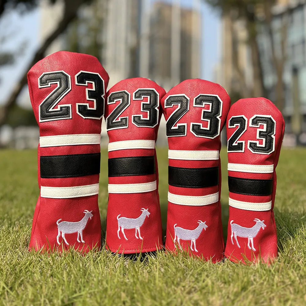 Set of four PU golf club sleeves in matching colour with different shapes for utility clubs, putters, and numbered irons