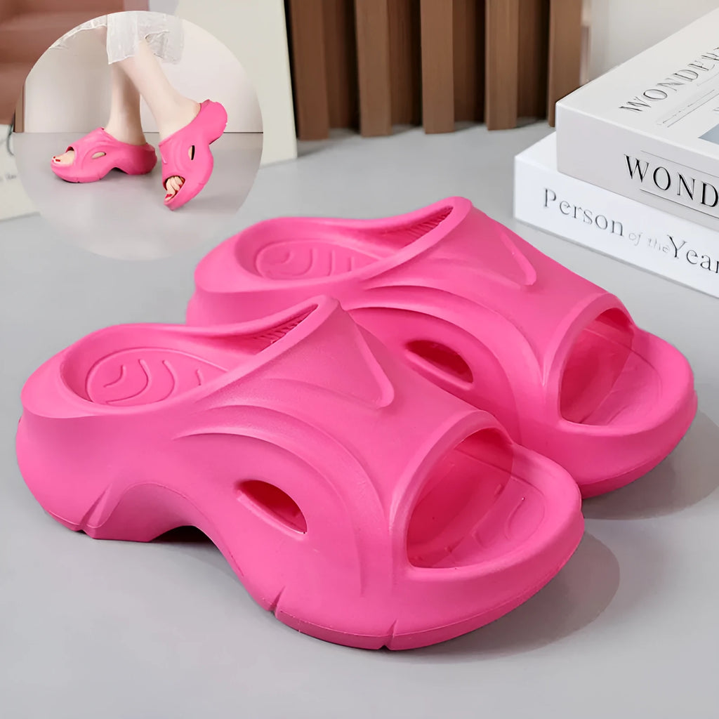 Women's EVA slippers with thick sole in black, rose red or white colours on beach background
