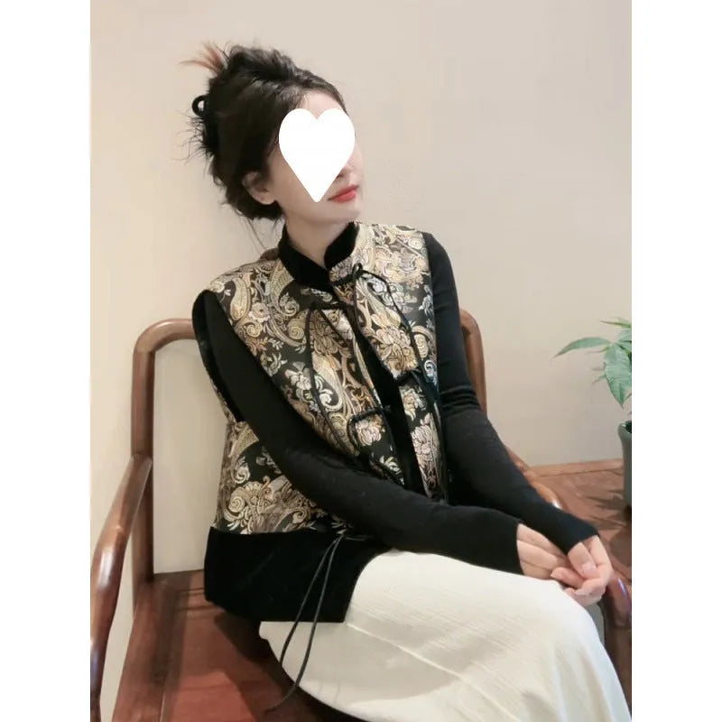Retro Tang Suit style vest with plant and flower pattern, button cardigan front, 50cm length, picture colour