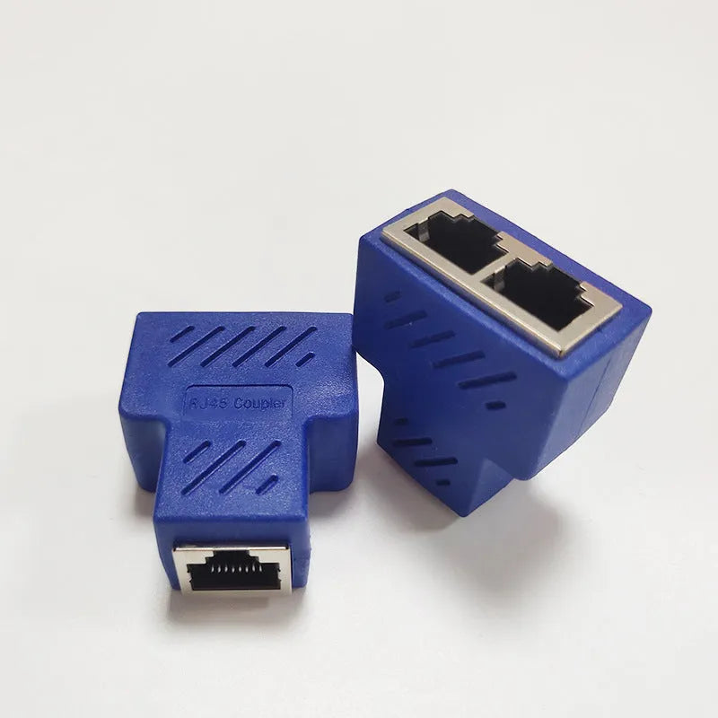 RJ45 network cable splitter in multiple colours showing tee adapter design with three ports